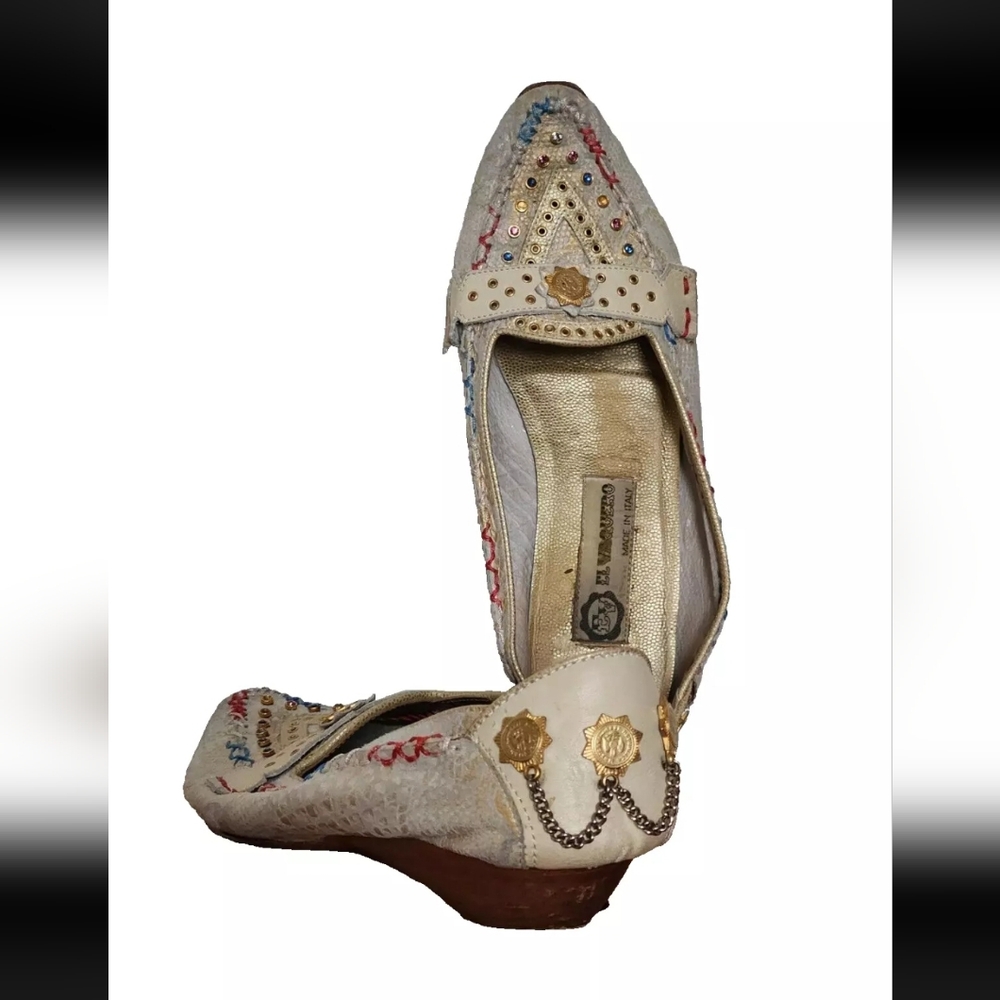 El Vaquero Vintage Italian Shoes Bedazzled Gems Gold Coins Chain Jewels 37 - 7